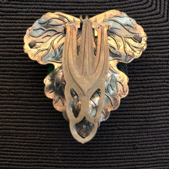 Vintage 1930s Brass and Green Glass Leaf Accent Dress Clip - Picture 2 of 3